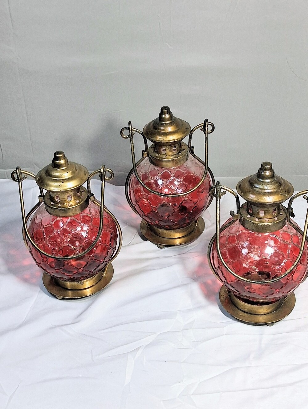 Set of 3 Vintage Textured Red Glass Hanging Patio/Porch Candle Burning Lanterns